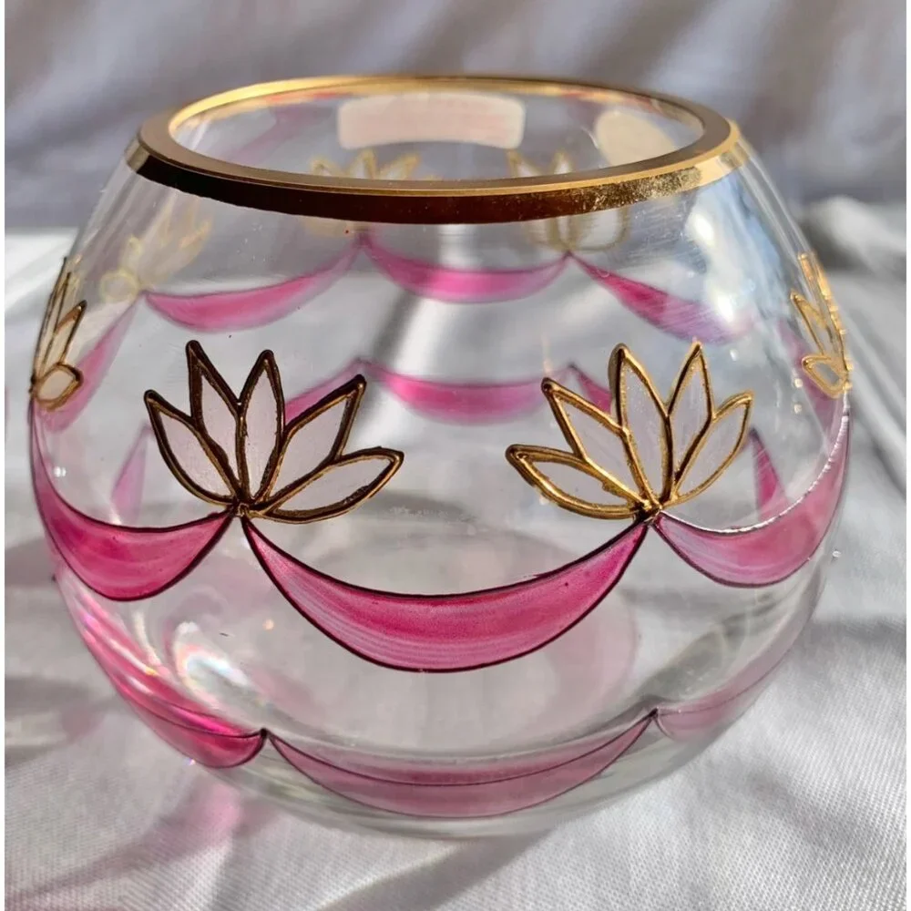 Handcrafted Romanian Crystal Bowl With Gold & Pink Lotus Design Elegant Vase Or